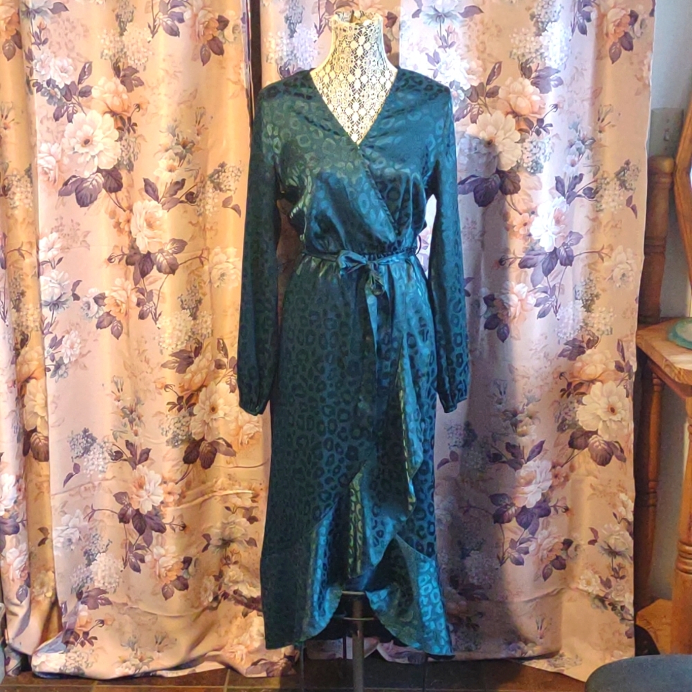Simple Dark Green Jacquard Leopard Print  Dress